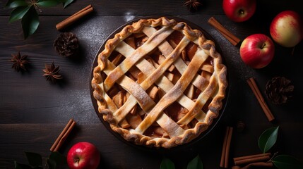 Closeup photo of holiday apple pie on rustic wooden background, top view point - obrazy, fototapety, plakaty