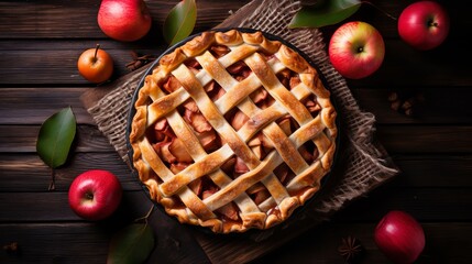 Closeup photo of holiday apple pie on rustic wooden background, top view point