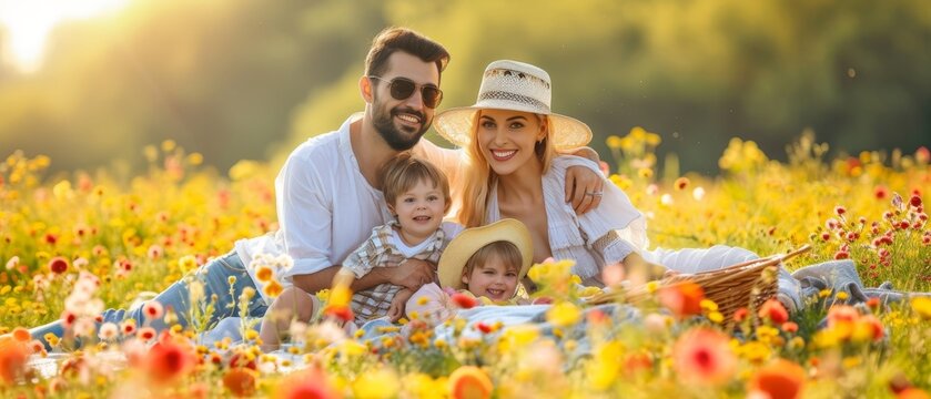 family picnic in a blooming meadow