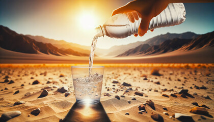 Pouring clean drinking water on a dry, desolate planet, abstract image. Power of water and climate change concept