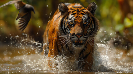 Bird playing with tiger.