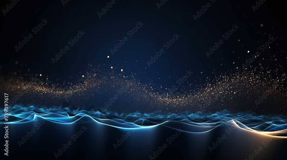 Poster digital particles floating wave form in the abyss abstract cyber technology de-focus background