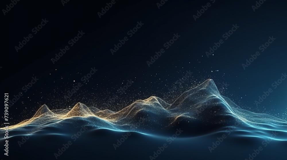 Poster digital particles floating wave form in the abyss abstract cyber technology de-focus background