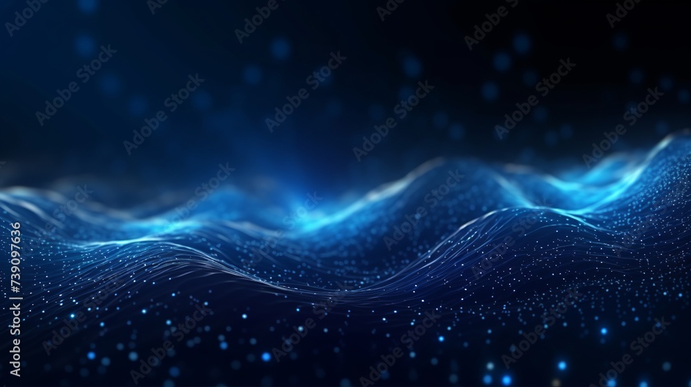 Poster digital particles floating wave form in the abyss abstract cyber technology de-focus background