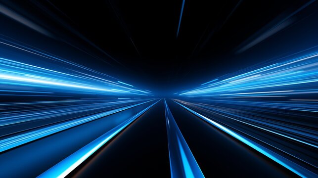 Digitally generated image of blue light and stripes moving fast over black background
