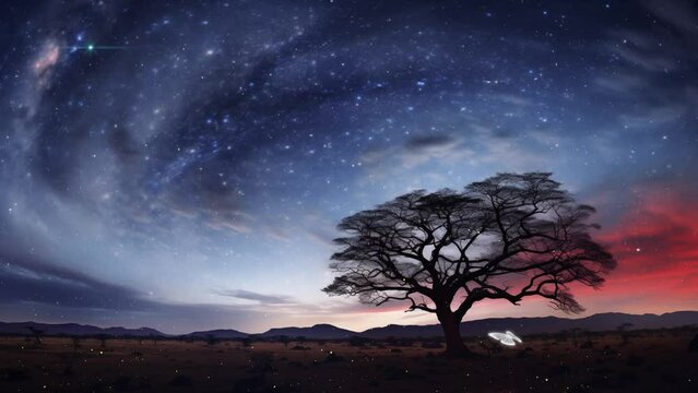 a breathtaking astrophotography image of galactic. beautiful night sky background with tree silhouette. seamless looping overlay 4k virtual video animation background 