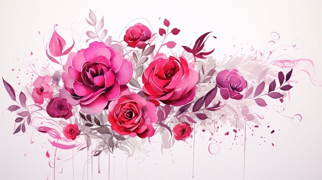 Floral design with hand-painted abstract rose flowers on white background. Art is painted and