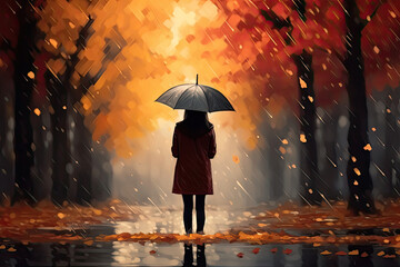 Young Woman Standing Under Umbrella on Rainy Autumn Day Background. Sad and Lonely Person Walking on Road back side view