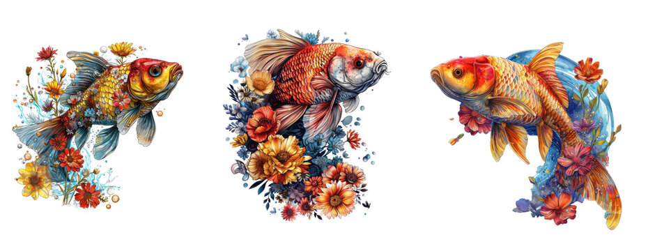 fish made of flowers water painting vintage vivid colors
