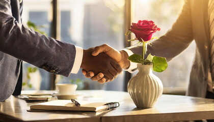 Business partnership meeting. Picture businessman's handshake. flower in a vase on back, Generated AI