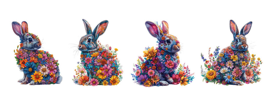 Rabbit made of flowers water painting vintage vivid colors
