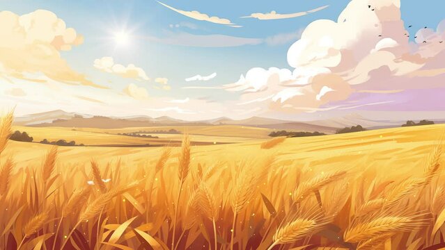 illustration glowcore flat design golden wheat field. fantasy anime cartoon background style. seamless looping overlay 4k virtual video animation background 