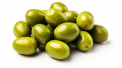 Green olives on a white background. option photos for packaging. olives on a white background top view. pitted green olives on white background - obrazy, fototapety, plakaty
