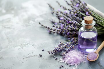 Obraz na płótnie Canvas A white background features a lavender blossom and lavender bath salts, herbal, moisturize.