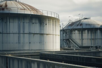Obraz premium LNG or LPG storage plant, five liquefied natural gas tanks