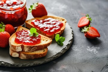 Fototapeta na wymiar Strawberry jam spread on toast on dark concrete table, copy space.
