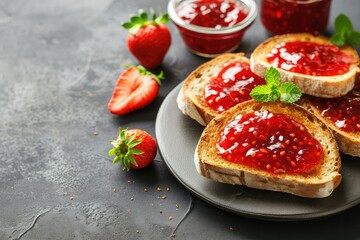 Strawberry jam spread on toast on dark concrete table, copy space.