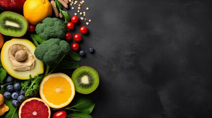 Healthy food clean eating selection: fruit, vegetable, seeds, superfood, cereal, leaf vegetable on gray concrete background - obrazy, fototapety, plakaty