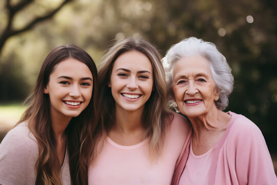 Generations of Joy, Grandmother with Granddaughters Smiling Together in Autumn Park. Family Bonds and Happiness