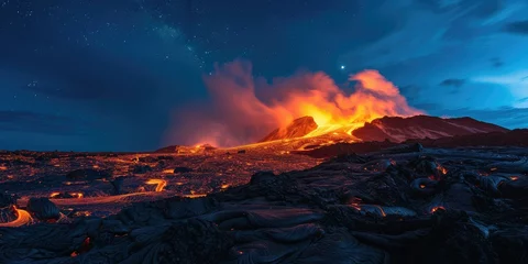 Afwasbaar Fotobehang Canarische Eilanden Volcanic Marvels: Lava Flow Illuminating the Night Sky Over a Volcano.