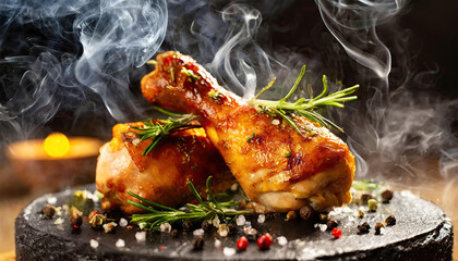 Chicken drum sticks closeup; barbecue concept banner template for cover design with sparkles Generated AI