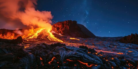 Volcanic Marvels: Lava Flow Illuminating the Night Sky Over a Volcano.