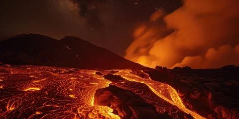 Cercles muraux les îles Canaries Volcanic Marvels: Lava Flow Illuminating the Night Sky Over a Volcano.