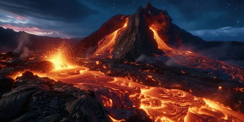 Fototapete Kanarische Inseln Volcanic Marvels: Lava Flow Illuminating the Night Sky Over a Volcano.
