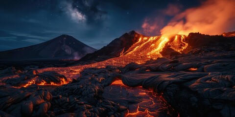 Volcanic Marvels: Lava Flow Illuminating the Night Sky Over a Volcano.