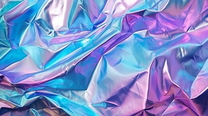 Holographic real texture in blue pink green colors with scratches and irregularities. Holographic color wrinkled foil. Holographic rainbow foil abstract background