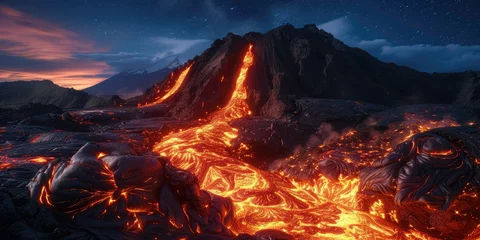 Fotobehang Canarische Eilanden Volcanic Marvels: Lava Flow Illuminating the Night Sky Over a Volcano.