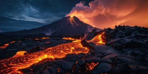 Afwasbaar Fotobehang Canarische Eilanden Volcanic Marvels: Lava Flow Illuminating the Night Sky Over a Volcano.