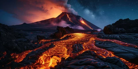 Zelfklevend Fotobehang Canarische Eilanden Volcanic Marvels: Lava Flow Illuminating the Night Sky Over a Volcano.