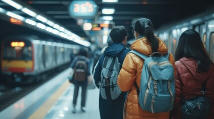 Young Chinese people in China wait wearily for the subway with briefcases on their backs.