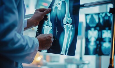 Doctor examine patient's joint x-ray scan. Radiologists holding and analysing the MRI image.