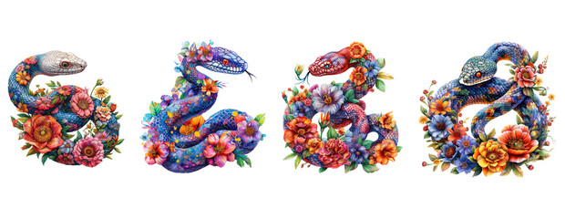 Snake made of flowers water painting vintage vivid colors