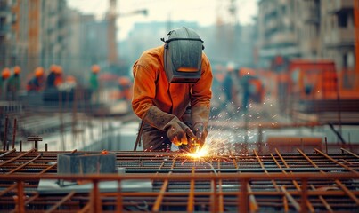 Workers is welding metal pole or net parts for bulding house. Welding detail concept - obrazy, fototapety, plakaty