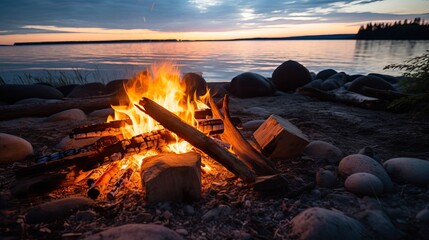 Inviting campfire on the beach during the summer, bring back fond memories.  Fun and good times at the lake