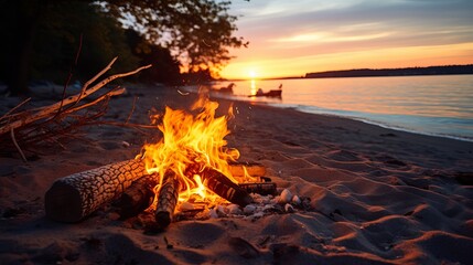 Inviting campfire on the beach during the summer, bring back fond memories.  Fun and good times at the lake - obrazy, fototapety, plakaty