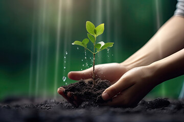 Human Hand Holding Soil with Small Sapling Tree Growing from ground. World Environment Day, Earth Day Concept