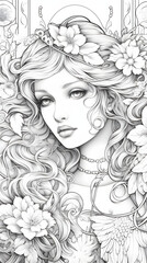 大人の塗り絵、女神や女性の天使の線画イラスト