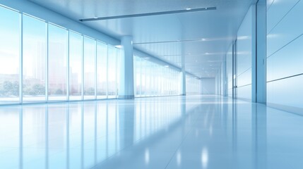 blue blurred background image of a spacious office or mall hallway