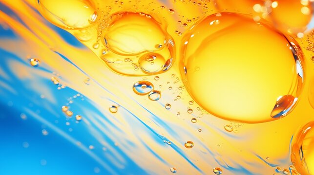 Macro shot of water oil emulsion over colored background