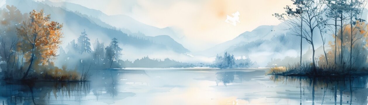 watercolor landscape, soft and serene, hand-painted with a focus on atmospheric perspective