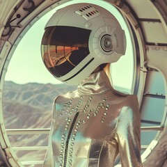retro-futuristic astronaut or space explorer figure looking out through a curved window or porthole against a background of mountains or an alien landscape.