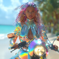 A young woman with colorfully dyed curls smiles brightly while riding a motorbike or scooter, her vibrant tie-dye clothing and the tropical background creating a carefree, bohemian atmosphere
