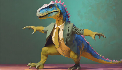 踊るスーツを着た恐竜　AI画像　ジェネレーティブ AI