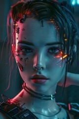 a young woman illuminated by the vibrant neon lights of a city night, creating an atmosphere of urban mystery and allure.