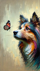 Oil painting of a dog stares intently at a butterfly hovering just above its nose