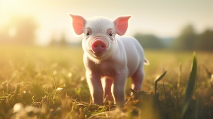 Pig cute newborn standing on a grass lawn. concept of biological , animal health , friendship , love of nature . vegan and vegetarian style . respect for nature
